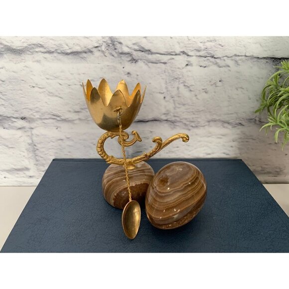 Marble Egg Gold-toned Stand Gold-Toned Spoon Matching Marble Stand Vtg - Picture 5 of 9
